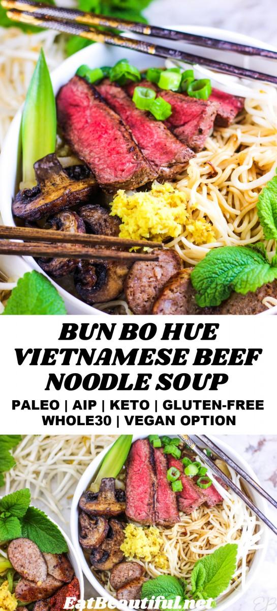 2 images of bun bo hue vietnamese beef noodle soup with recipe title in the center
