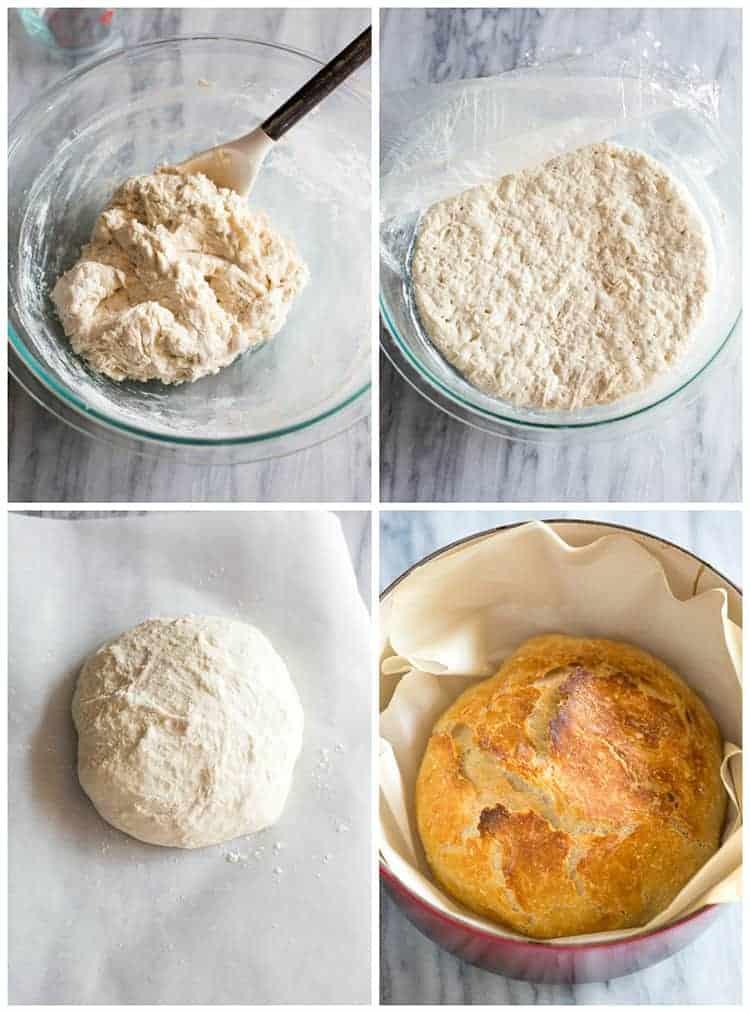 Four process photos for making no knead bread including mixing the dough, rising in a bowl and baking in a cast iron pan.